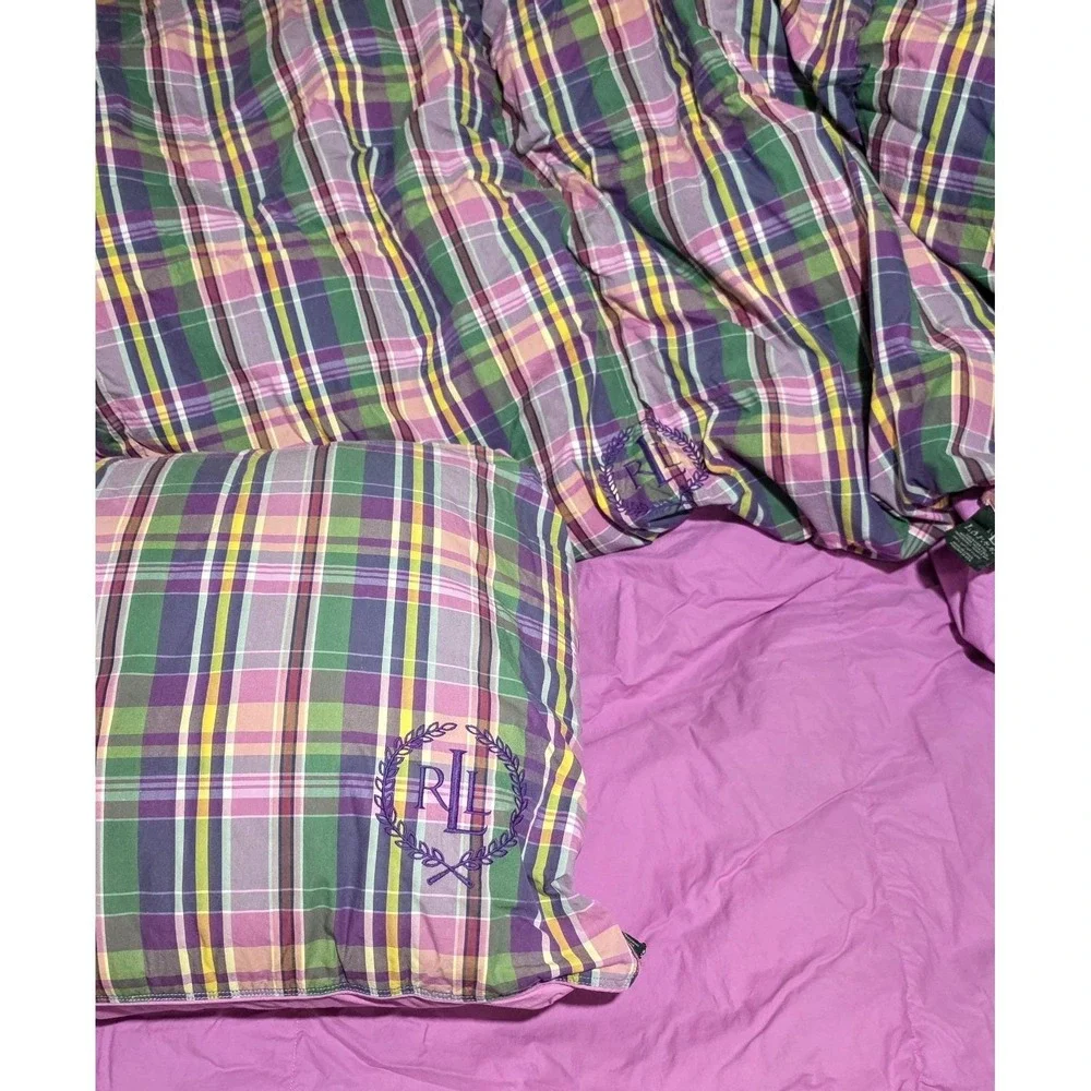 Ralph Lauren Twin Plaid Comforter & Pillow Fuschia Purple Green Pink Cotton Rare